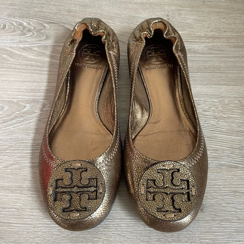 Tory Burch Reva Travel Ballet Flats Bronze Metallic Pebbled Leather Size 7